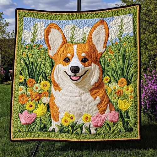 Corgi Flowered Path Quilted Blanket - Throw (55" x 60")
