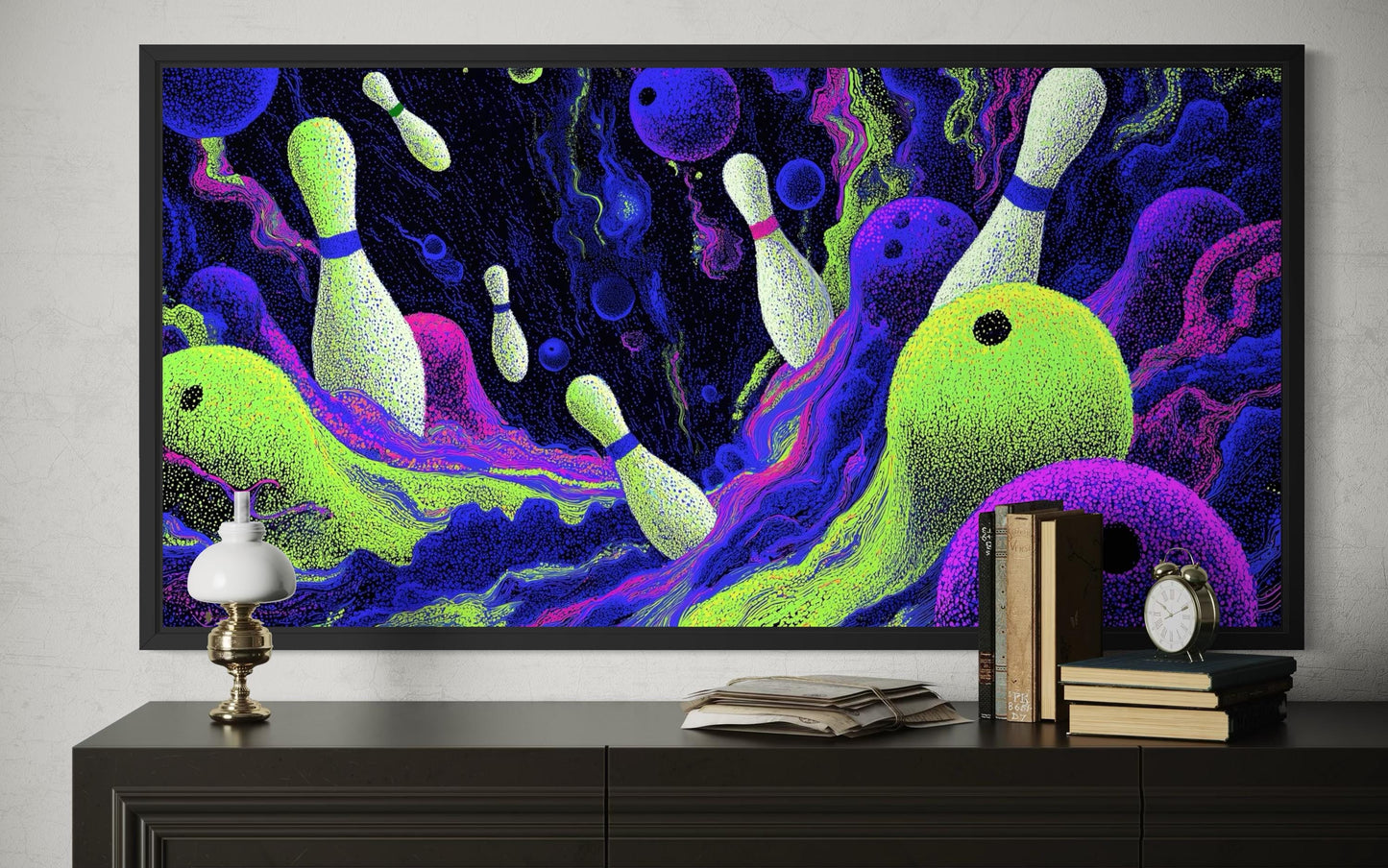 Cosmic Bowling Wall Art – Abstract Purple Green Canvas | Modern Game Room Decor