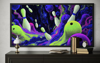 Cosmic Bowling Wall Art – Abstract Purple Green Canvas | Modern Game Room Decor