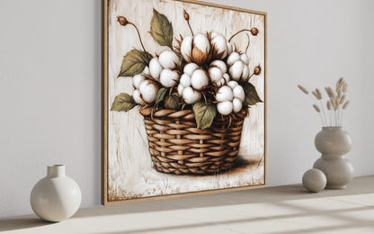 Cotton Bolls in Wicker Basket Canvas Wall Art for Farmhouse Decor