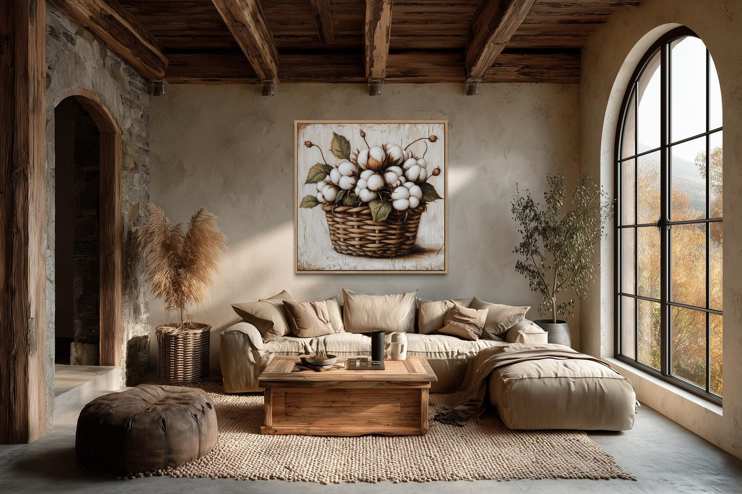 Cotton Bolls in Wicker Basket Canvas Wall Art for Farmhouse Decor