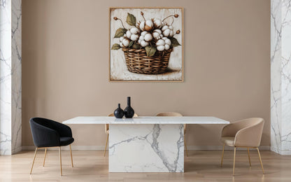 Cotton Bolls in Wicker Basket Canvas Wall Art for Farmhouse Decor