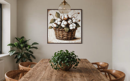 Cotton Bolls in Wicker Basket Canvas Wall Art for Farmhouse Decor