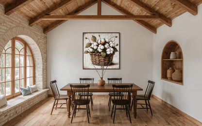 Cotton Bolls in Wicker Basket Canvas Wall Art for Farmhouse Decor
