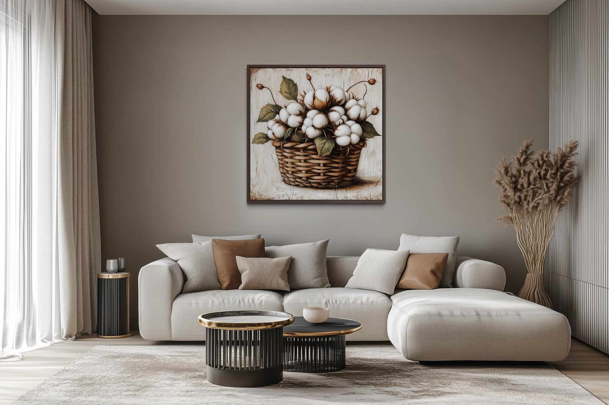 Cotton Bolls in Wicker Basket Canvas Wall Art for Farmhouse Decor