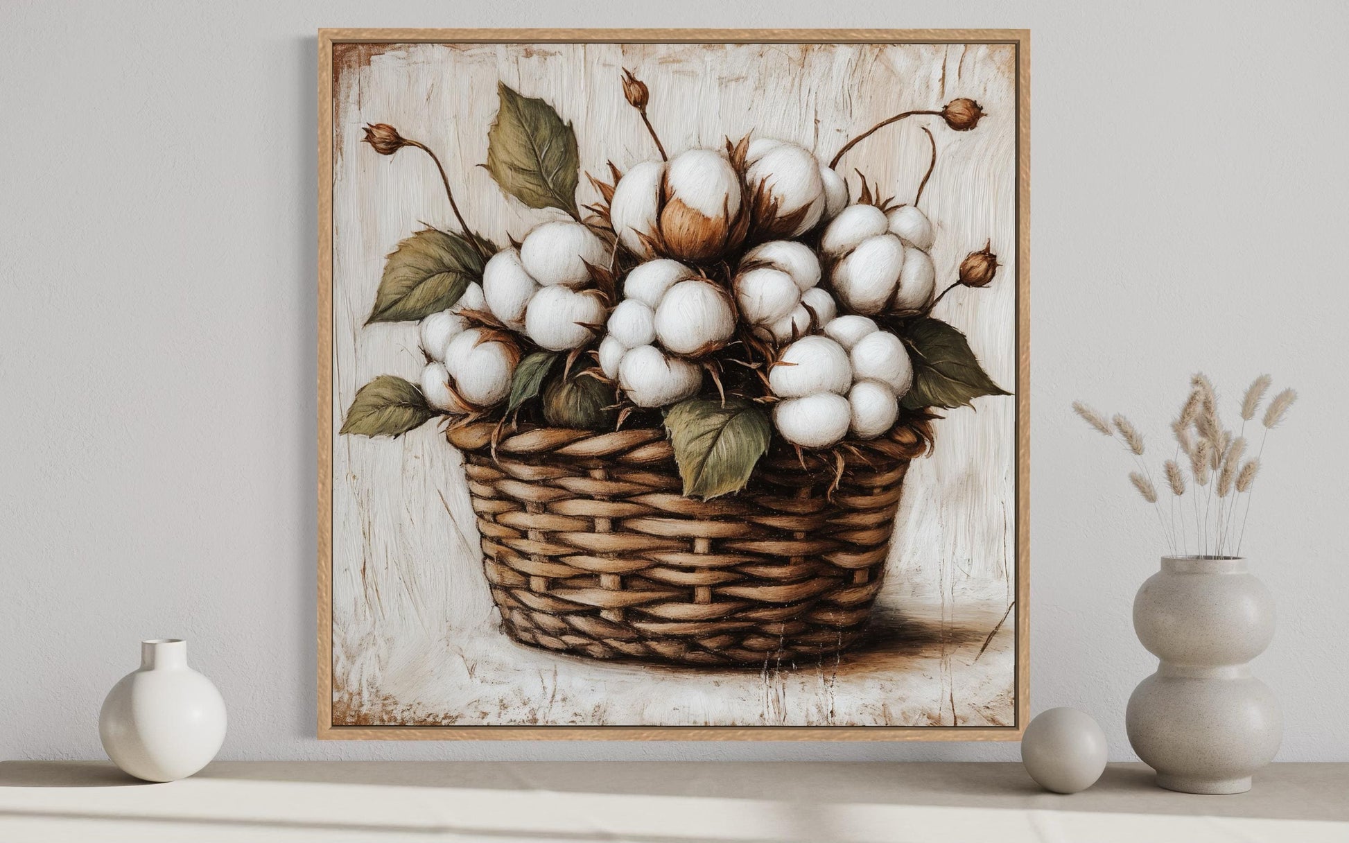 Cotton Bolls in Wicker Basket Canvas Wall Art for Farmhouse Decor