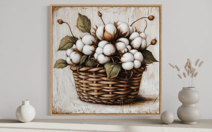 Cotton Bolls in Wicker Basket Canvas Wall Art for Farmhouse Decor