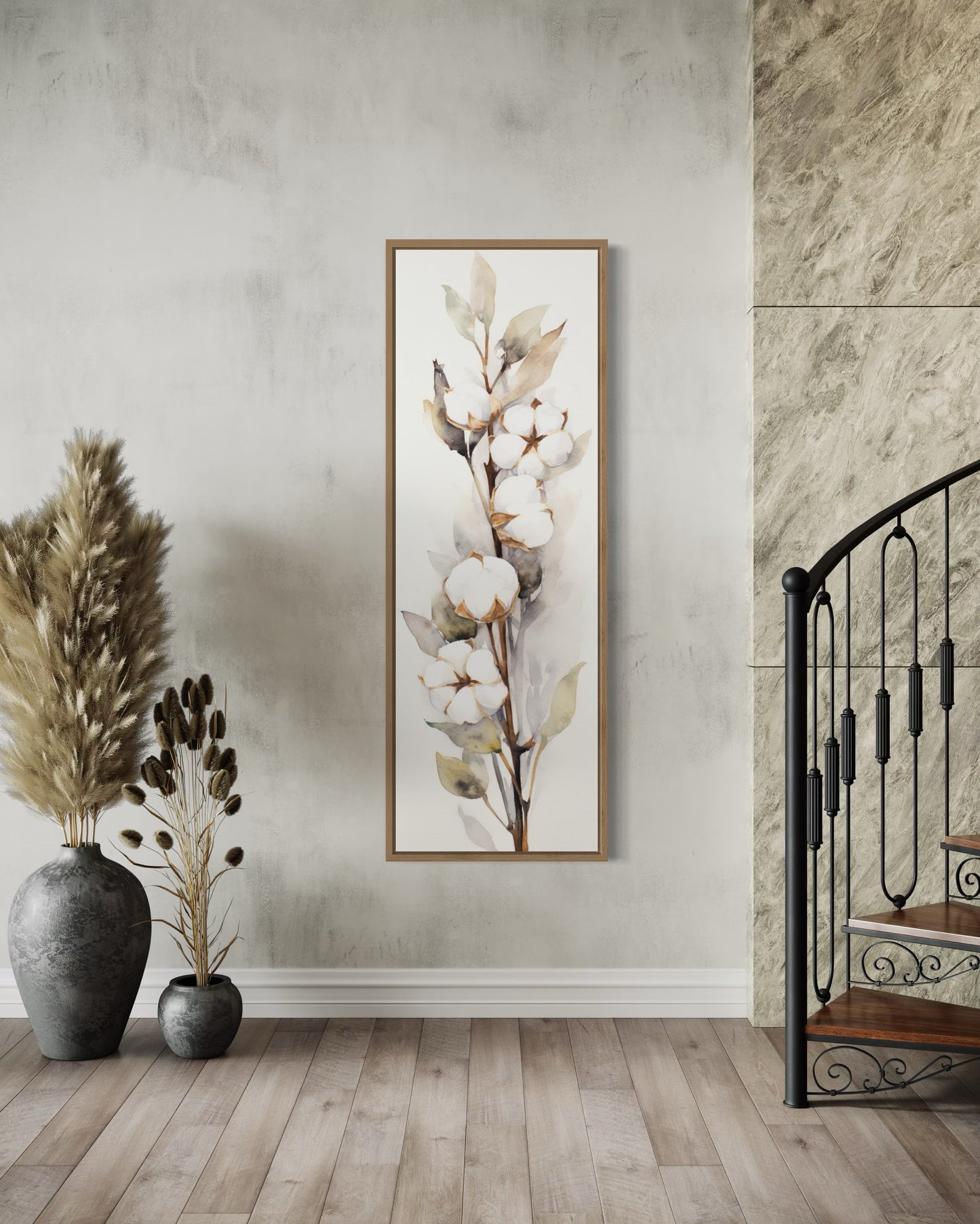 Cotton Plant Watercolor Neutral Vertical Framed Canvas Wall Art
