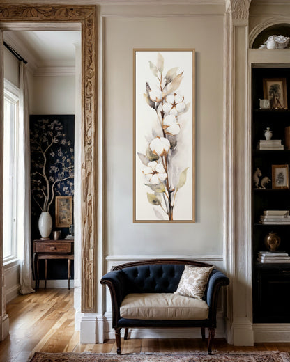 Cotton Plant Watercolor Neutral Vertical Framed Canvas Wall Art