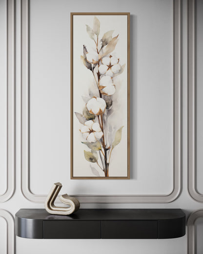 Cotton Plant Watercolor Neutral Vertical Framed Canvas Wall Art