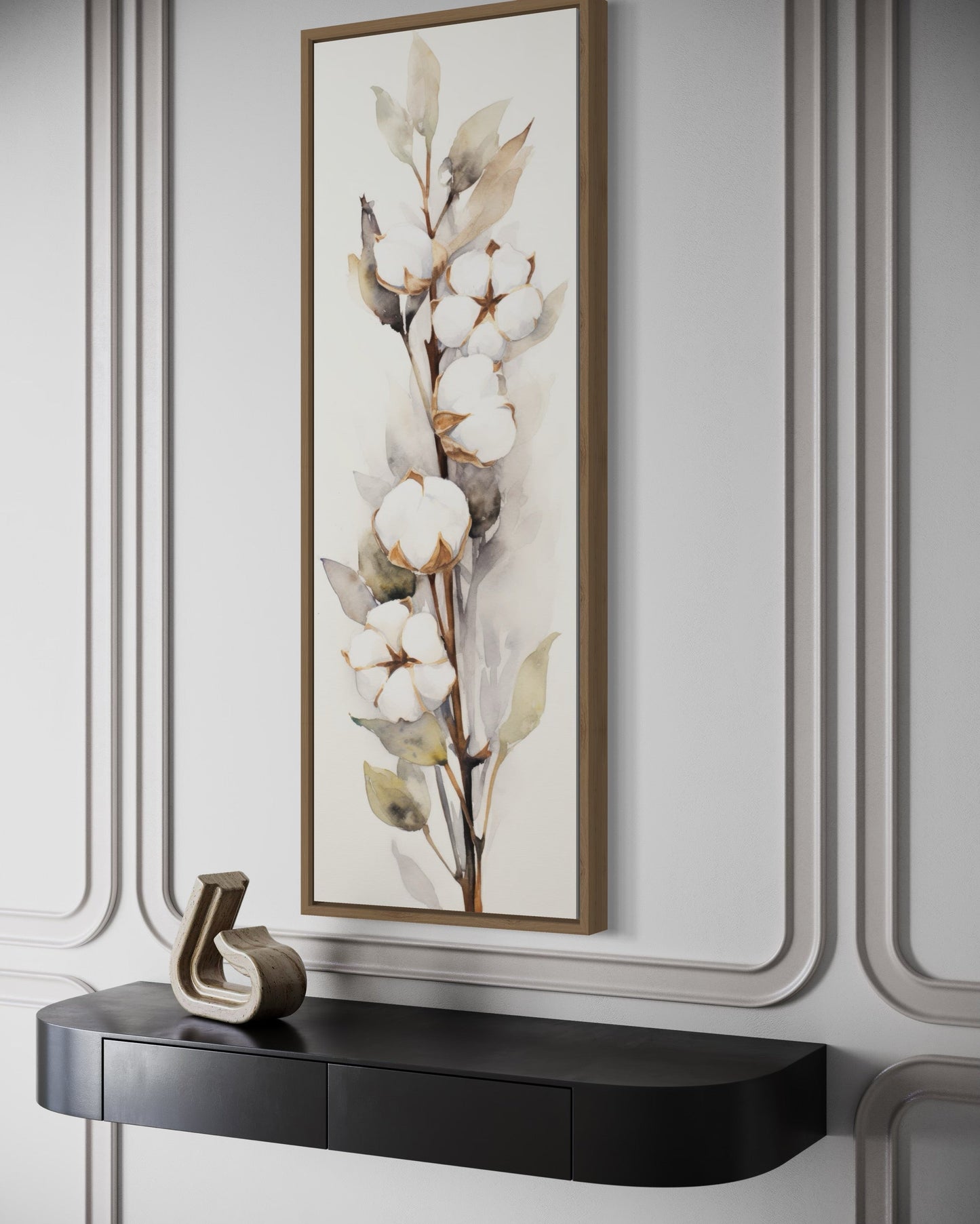 Cotton Plant Watercolor Neutral Vertical Framed Canvas Wall Art
