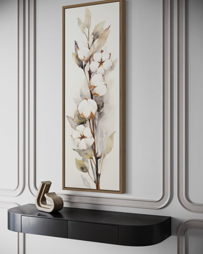 Cotton Plant Watercolor Neutral Vertical Framed Canvas Wall Art