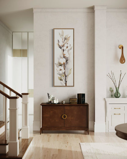 Cotton Plant Watercolor Neutral Vertical Framed Canvas Wall Art