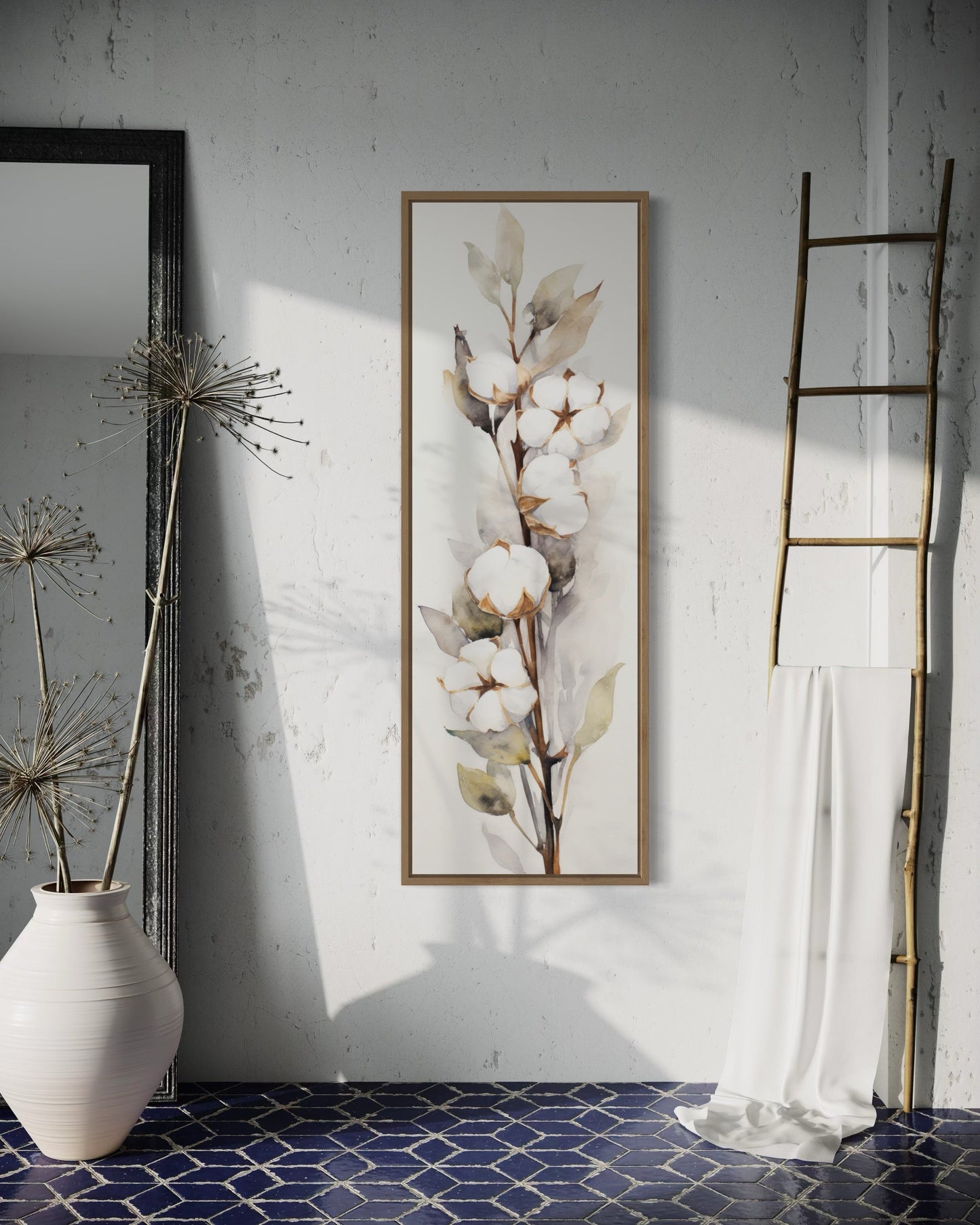 Cotton Plant Watercolor Neutral Vertical Framed Canvas Wall Art