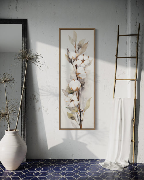 Cotton Plant Watercolor Neutral Vertical Framed Canvas Wall Art
