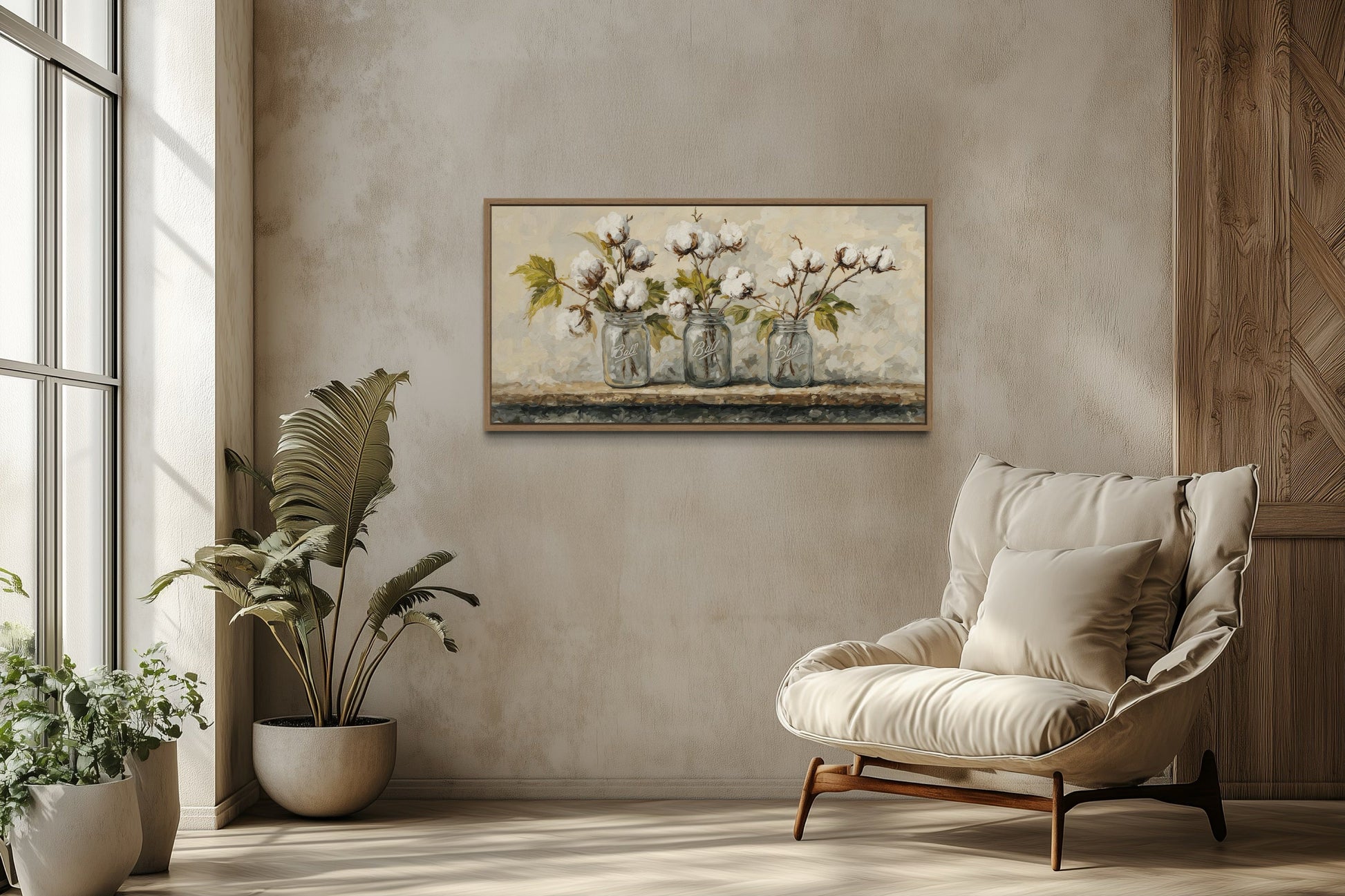Cotton Plants Wall Art - Rustic Farmhouse Kitchen Decor | Mason Jar Canvas Print