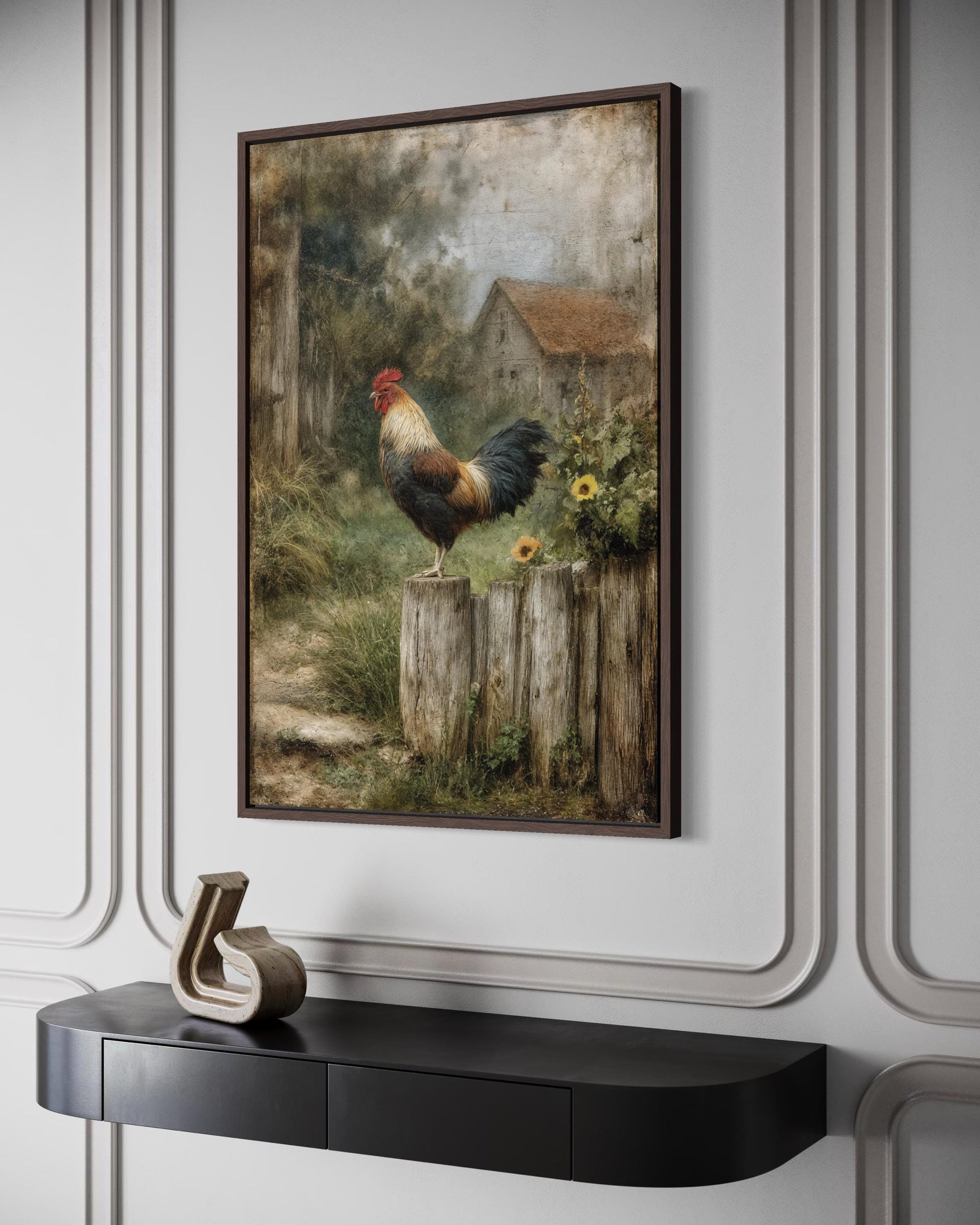 Country Rooster Standing On Wooden Fence With Barn Landscape Canvas Wall Art