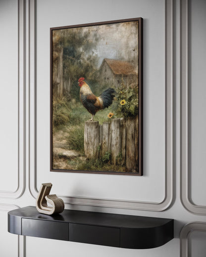 Country Rooster Standing On Wooden Fence With Barn Landscape Canvas Wall Art