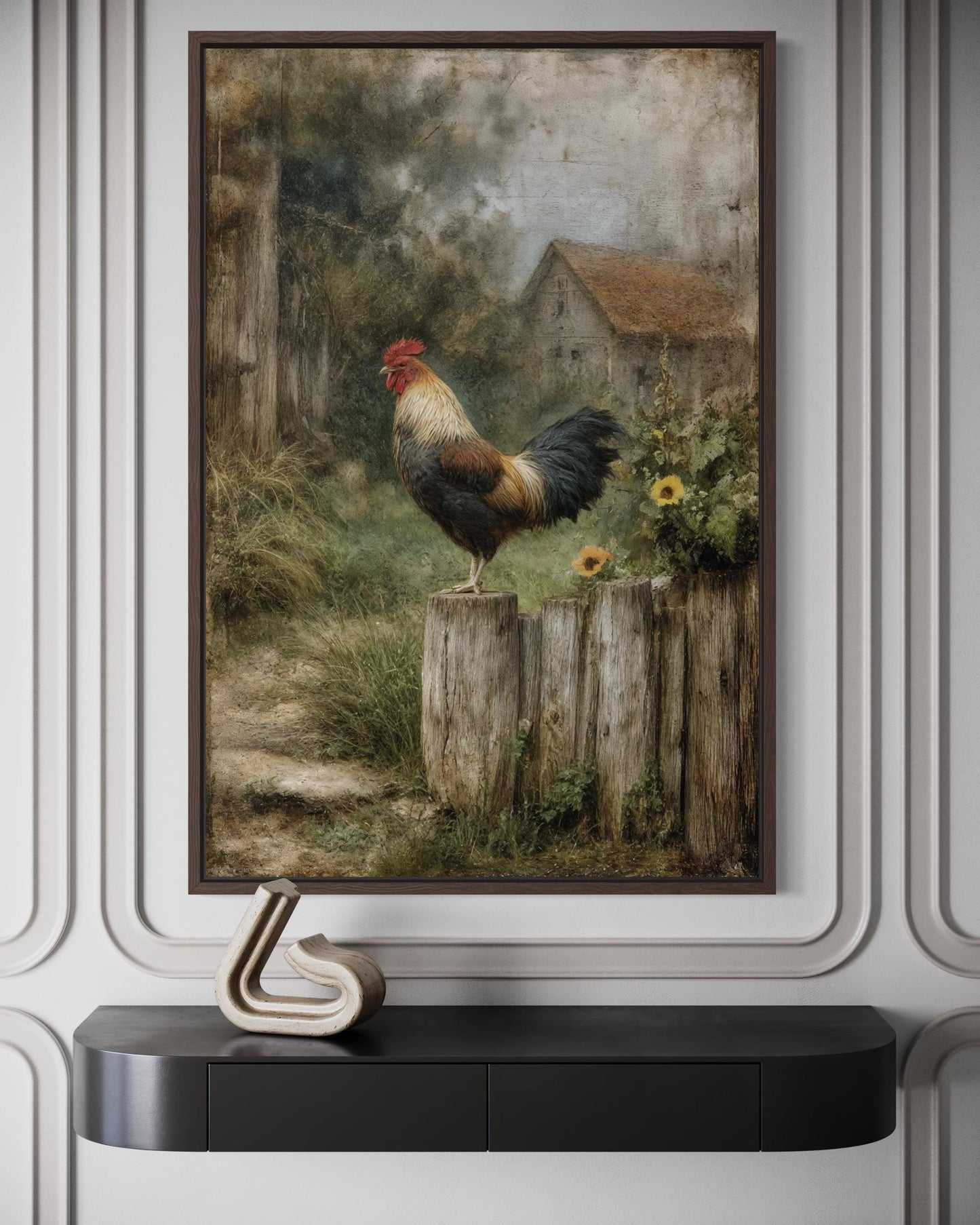 Country Rooster Standing On Wooden Fence With Barn Landscape Canvas Wall Art