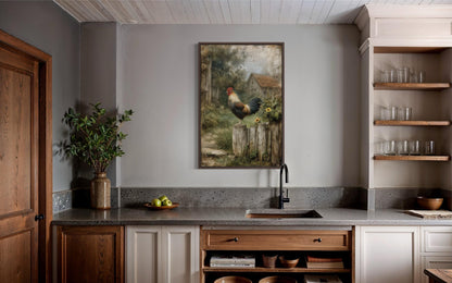Country Rooster Standing On Wooden Fence With Barn Landscape Canvas Wall Art