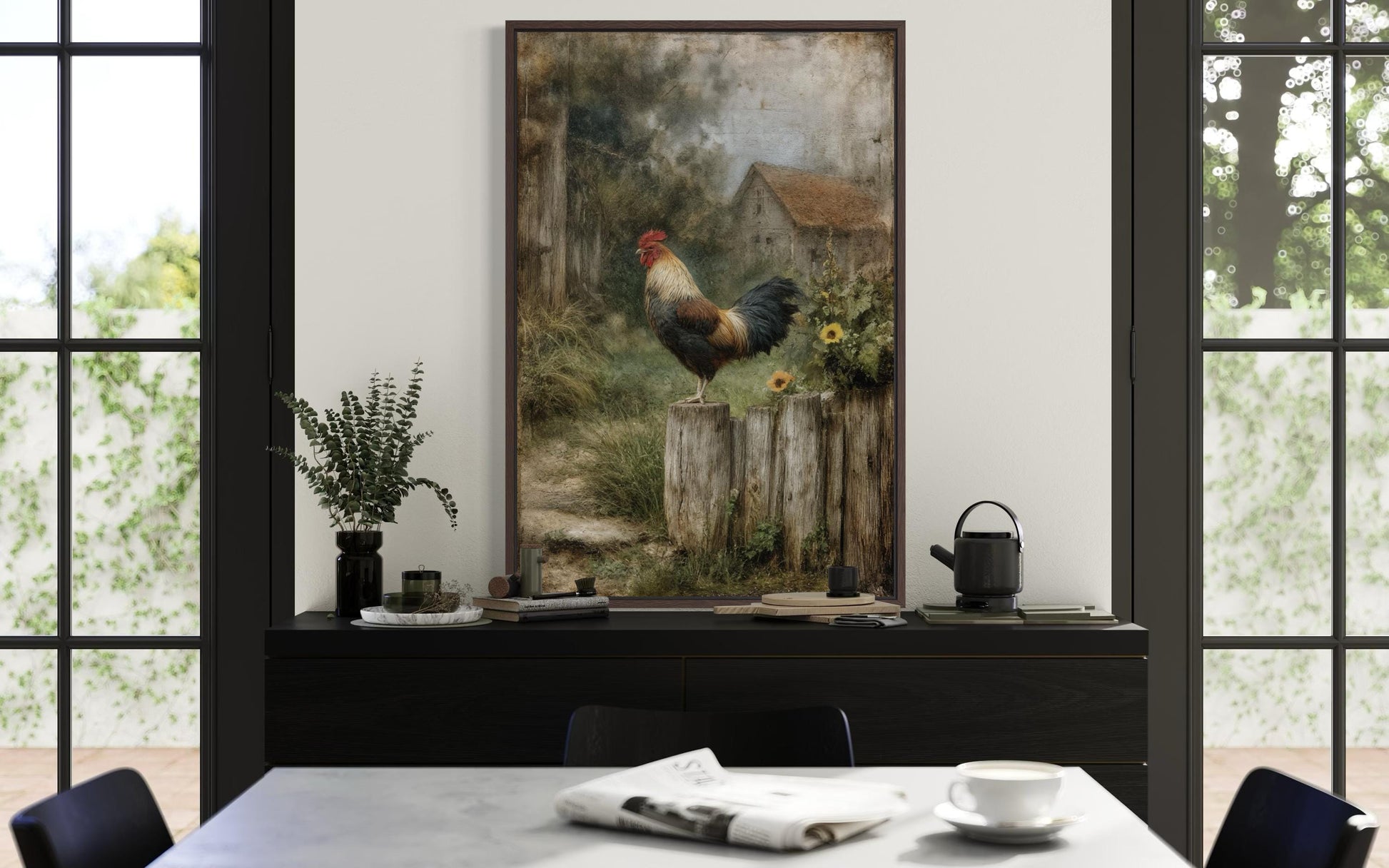 Country Rooster Standing On Wooden Fence With Barn Landscape Canvas Wall Art
