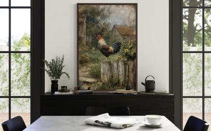 Country Rooster Standing On Wooden Fence With Barn Landscape Canvas Wall Art