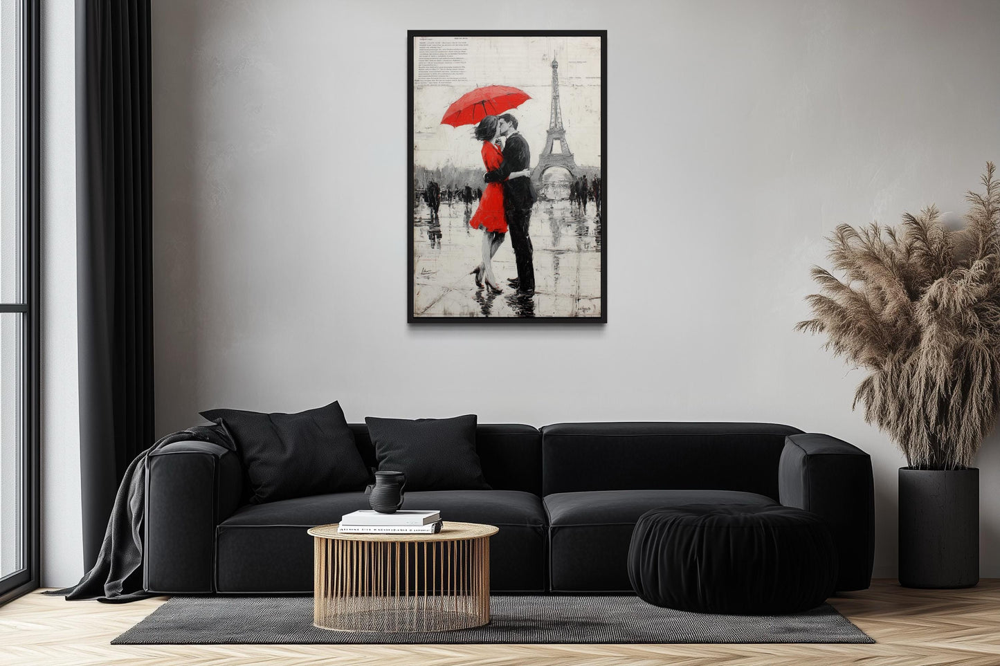 Couple Under Red Umbrella Kissing In Paris Romantic Canvas Wall Art