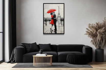 Couple Under Red Umbrella Kissing In Paris Romantic Canvas Wall Art
