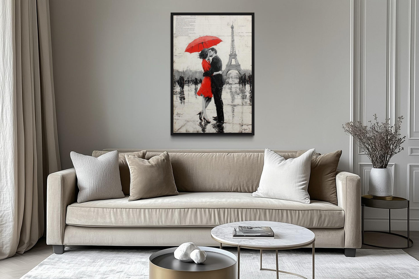 Couple Under Red Umbrella Kissing In Paris Romantic Canvas Wall Art