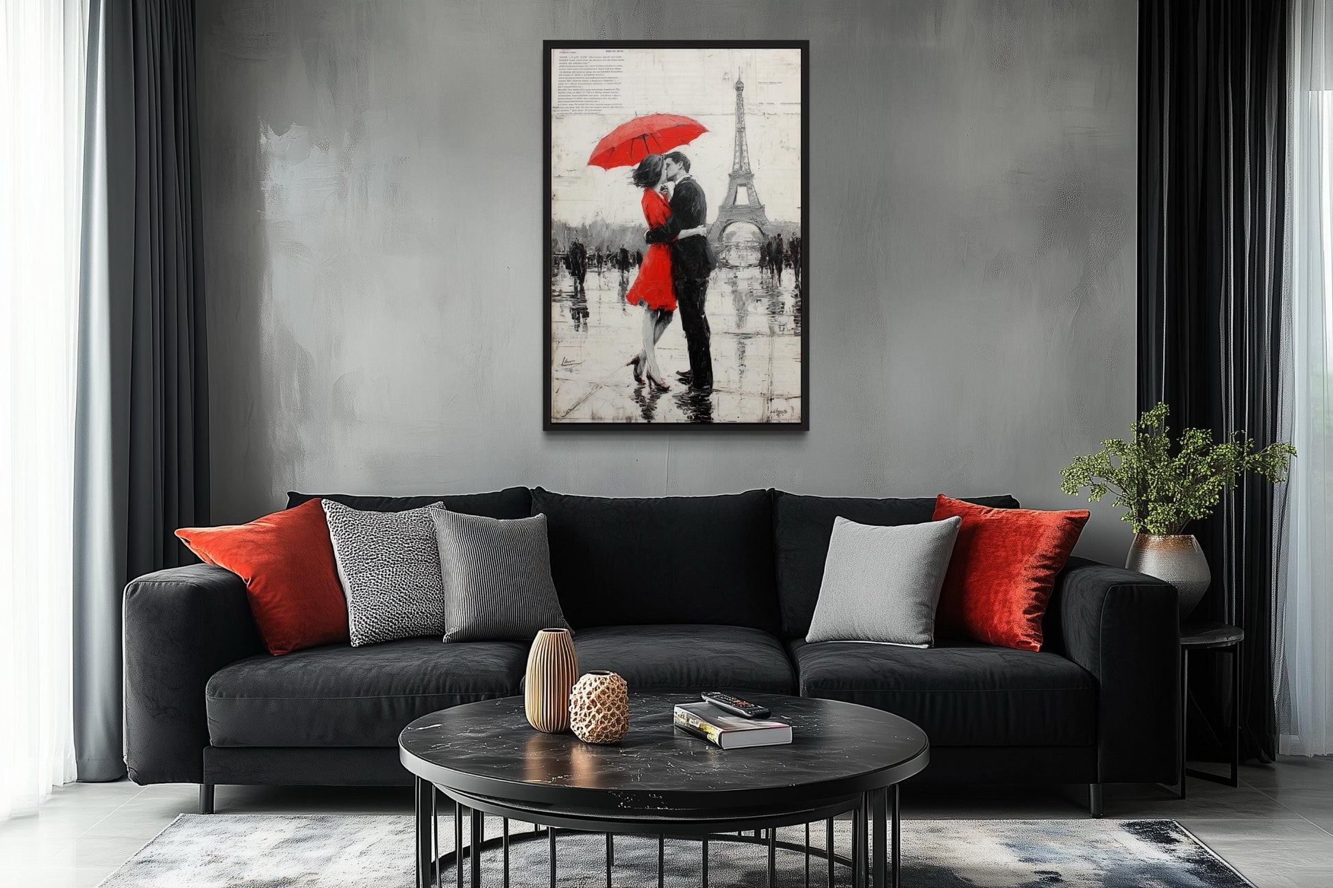 Couple Under Red Umbrella Kissing In Paris Romantic Canvas Wall Art