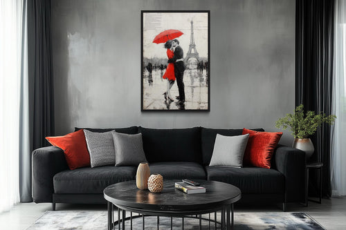 Couple Under Red Umbrella Kissing In Paris Romantic Canvas Wall Art