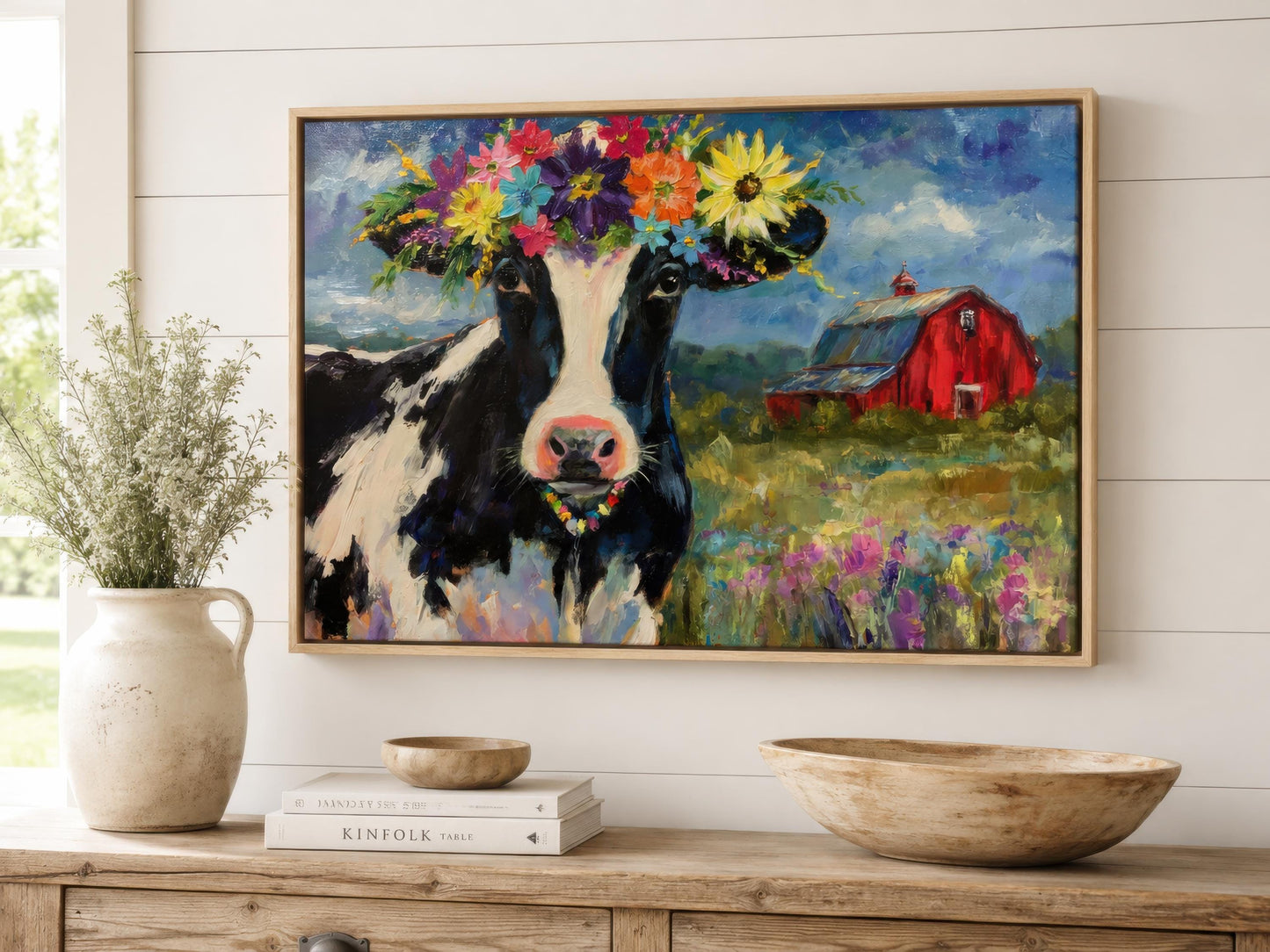 Cow Wall Art - Whimsical Flower Crown Cow Canvas | Farmhouse Kitchen Decor
