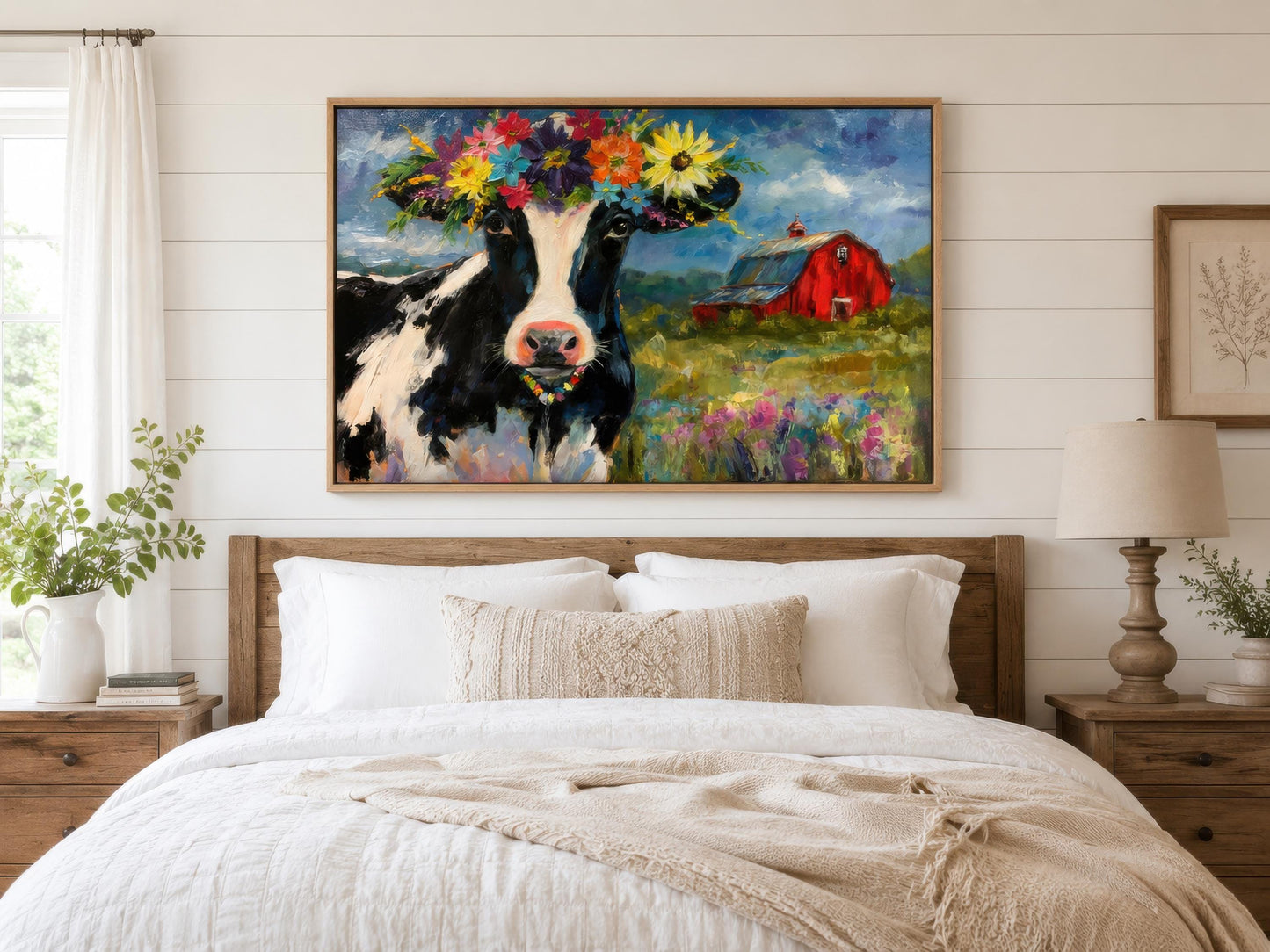 Cow Wall Art - Whimsical Flower Crown Cow Canvas | Farmhouse Kitchen Decor