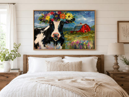 Cow Wall Art - Whimsical Flower Crown Cow Canvas | Farmhouse Kitchen Decor