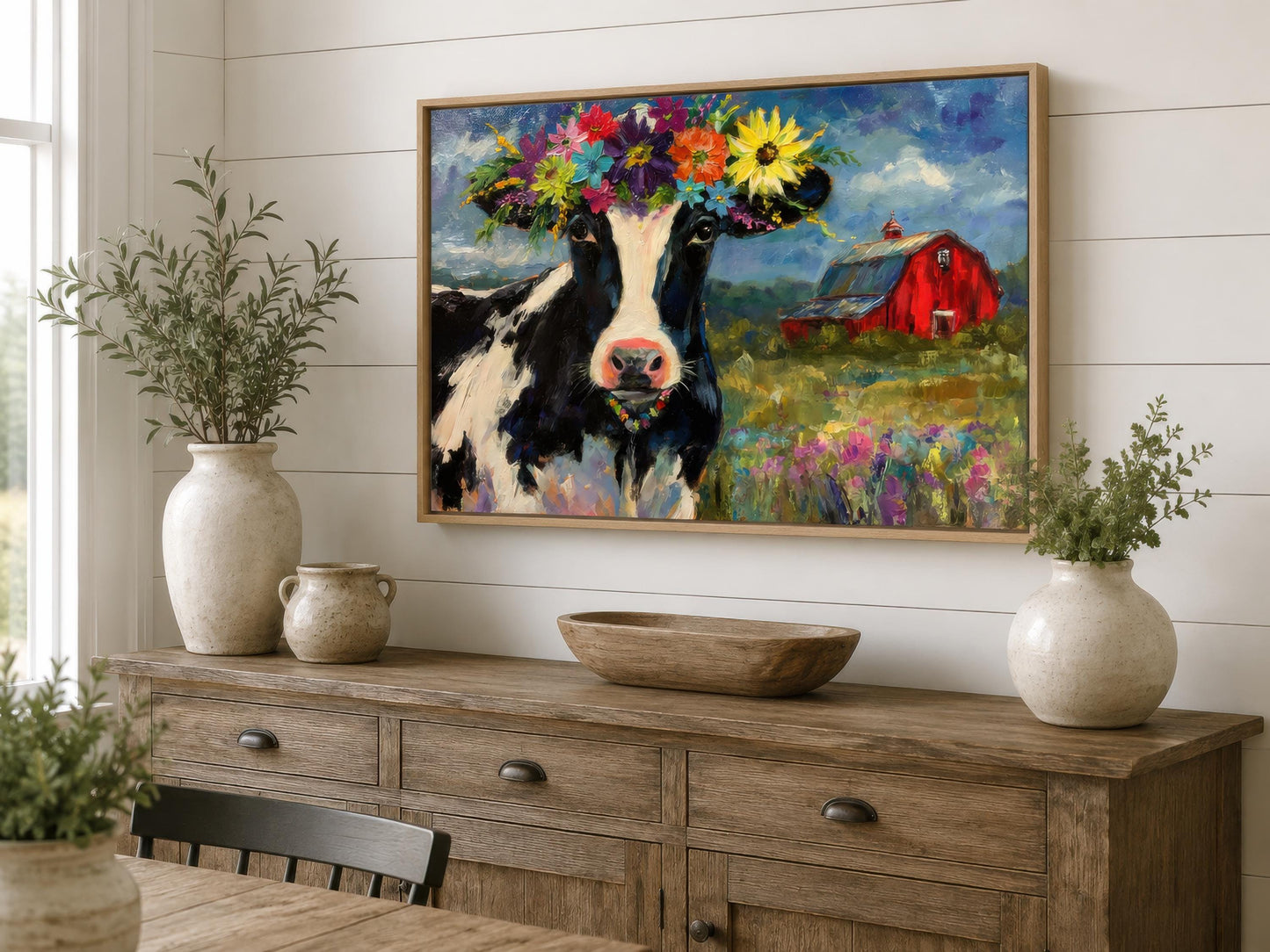 Cow Wall Art - Whimsical Flower Crown Cow Canvas | Farmhouse Kitchen Decor