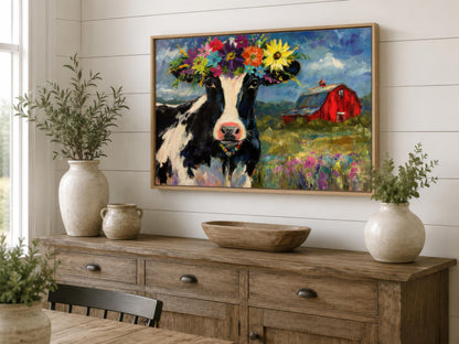 Cow Wall Art - Whimsical Flower Crown Cow Canvas | Farmhouse Kitchen Decor