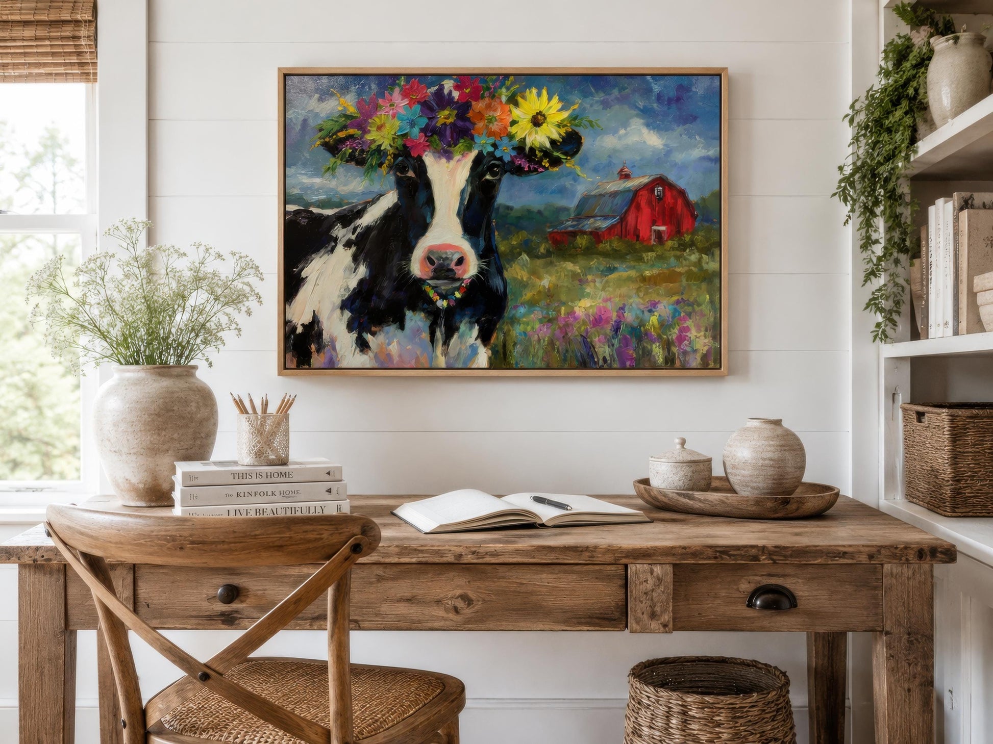 Cow Wall Art - Whimsical Flower Crown Cow Canvas | Farmhouse Kitchen Decor