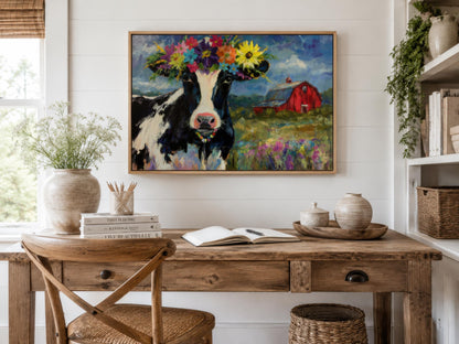 Cow Wall Art - Whimsical Flower Crown Cow Canvas | Farmhouse Kitchen Decor