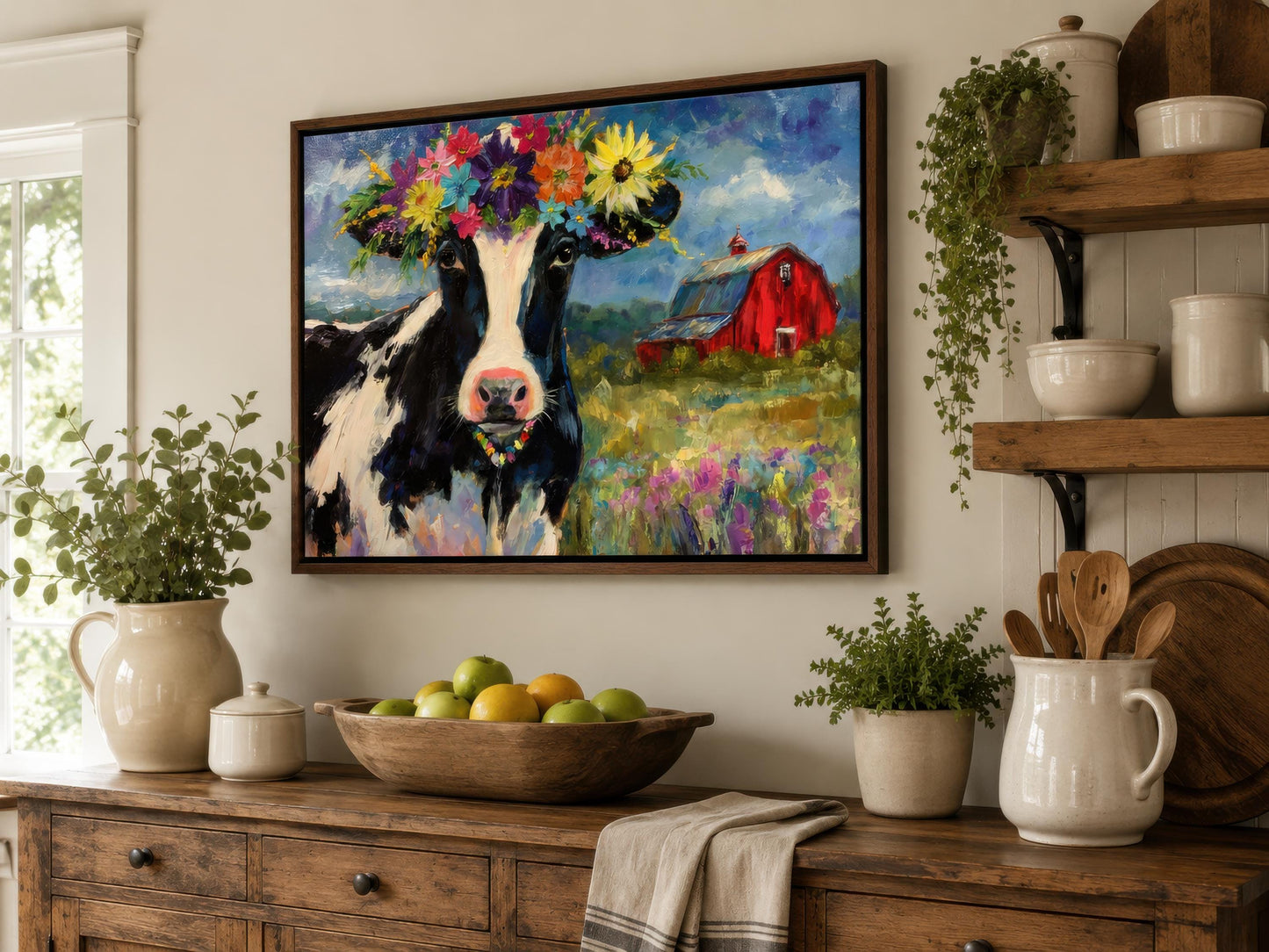 Cow Wall Art - Whimsical Flower Crown Cow Canvas | Farmhouse Kitchen Decor