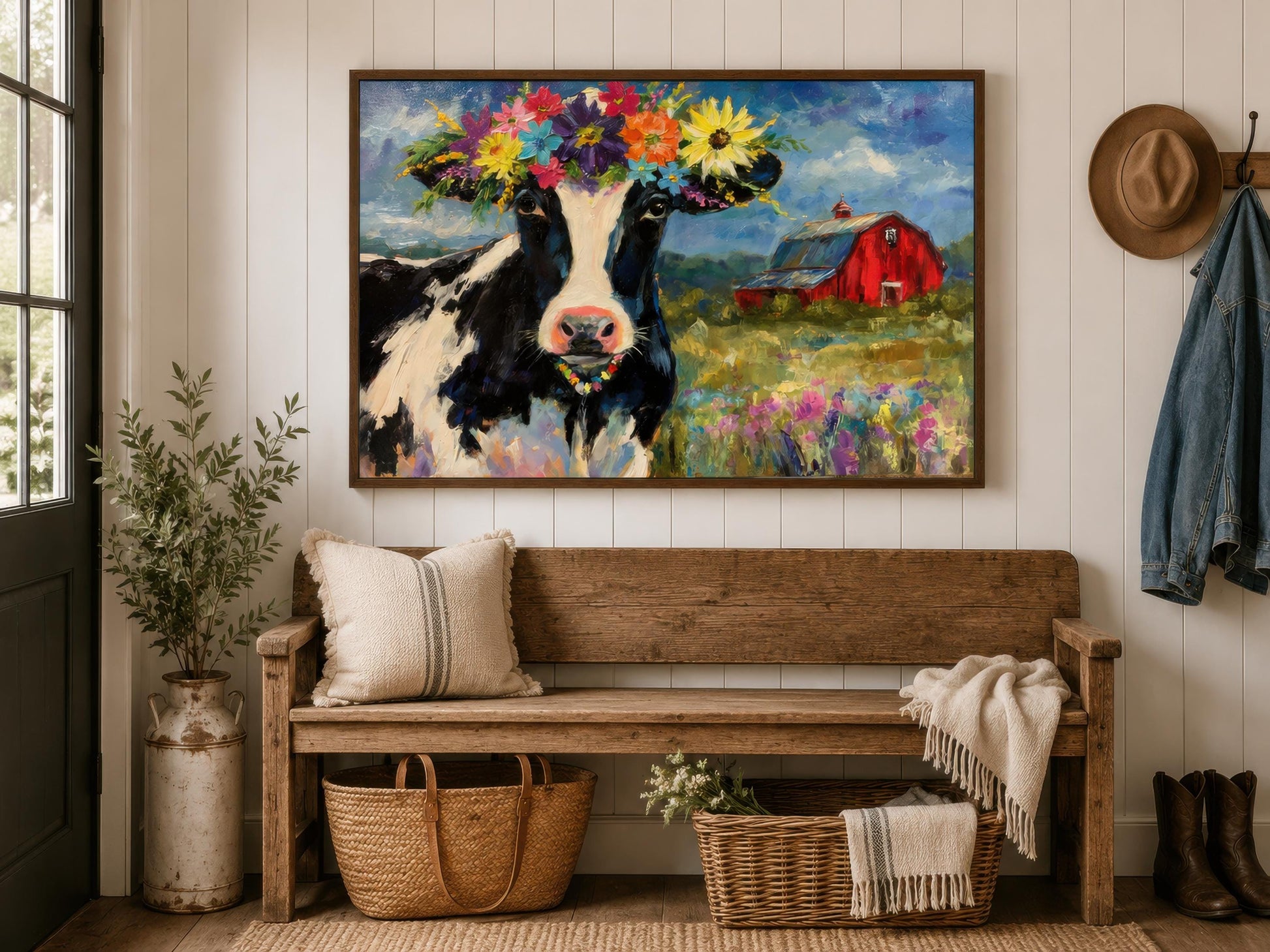Cow Wall Art - Whimsical Flower Crown Cow Canvas | Farmhouse Kitchen Decor
