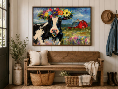 Cow Wall Art - Whimsical Flower Crown Cow Canvas | Farmhouse Kitchen Decor