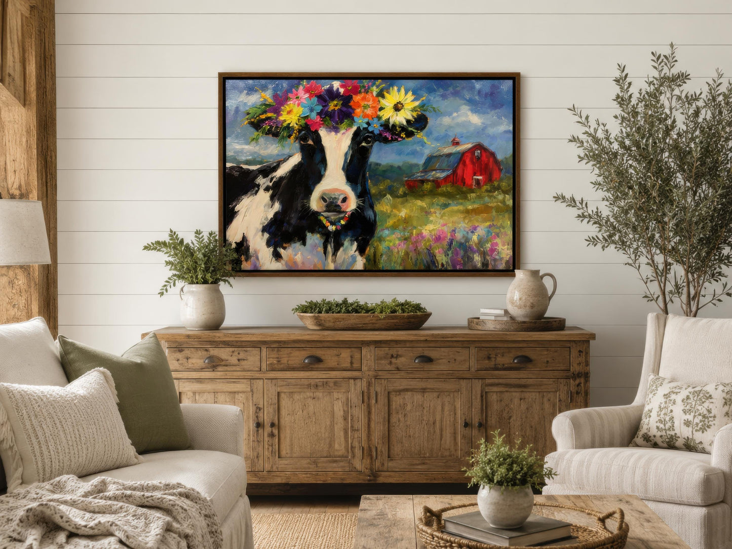 Cow Wall Art - Whimsical Flower Crown Cow Canvas | Farmhouse Kitchen Decor