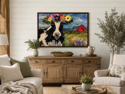 Cow Wall Art - Whimsical Flower Crown Cow Canvas | Farmhouse Kitchen Decor