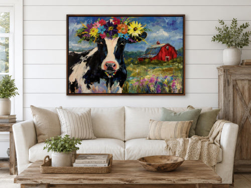 Cow Wall Art - Whimsical Flower Crown Cow Canvas | Farmhouse Kitchen Decor