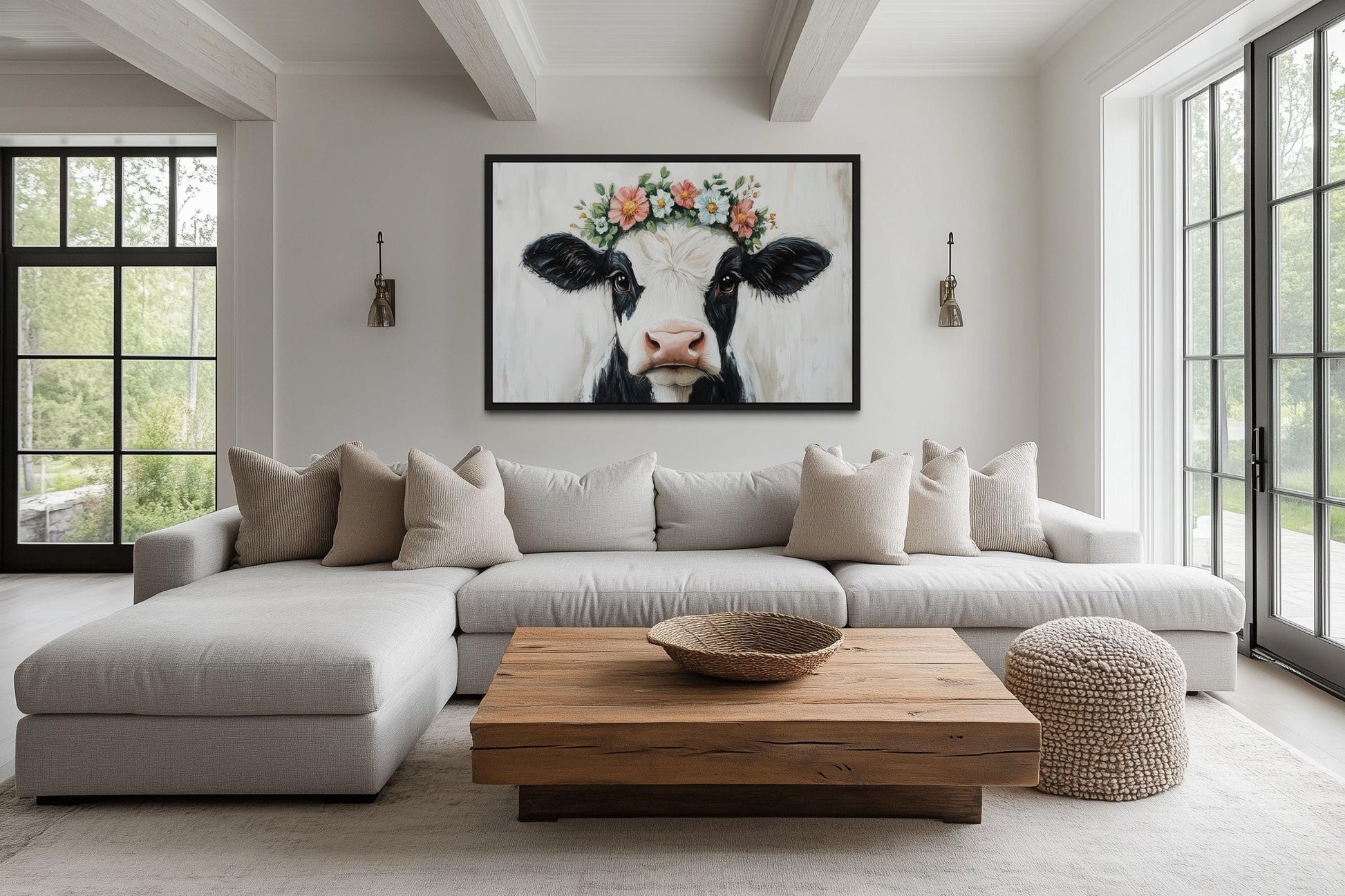 Cow With Floral Wreath Canvas Wall Art – Rustic Farmhouse Floral Decor