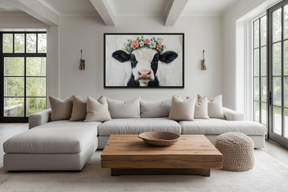 Cow With Floral Wreath Canvas Wall Art – Rustic Farmhouse Floral Decor