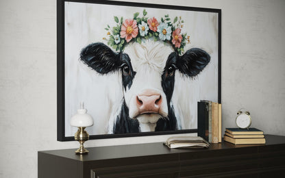 Cow With Floral Wreath Canvas Wall Art – Rustic Farmhouse Floral Decor