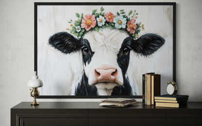 Cow With Floral Wreath Canvas Wall Art – Rustic Farmhouse Floral Decor