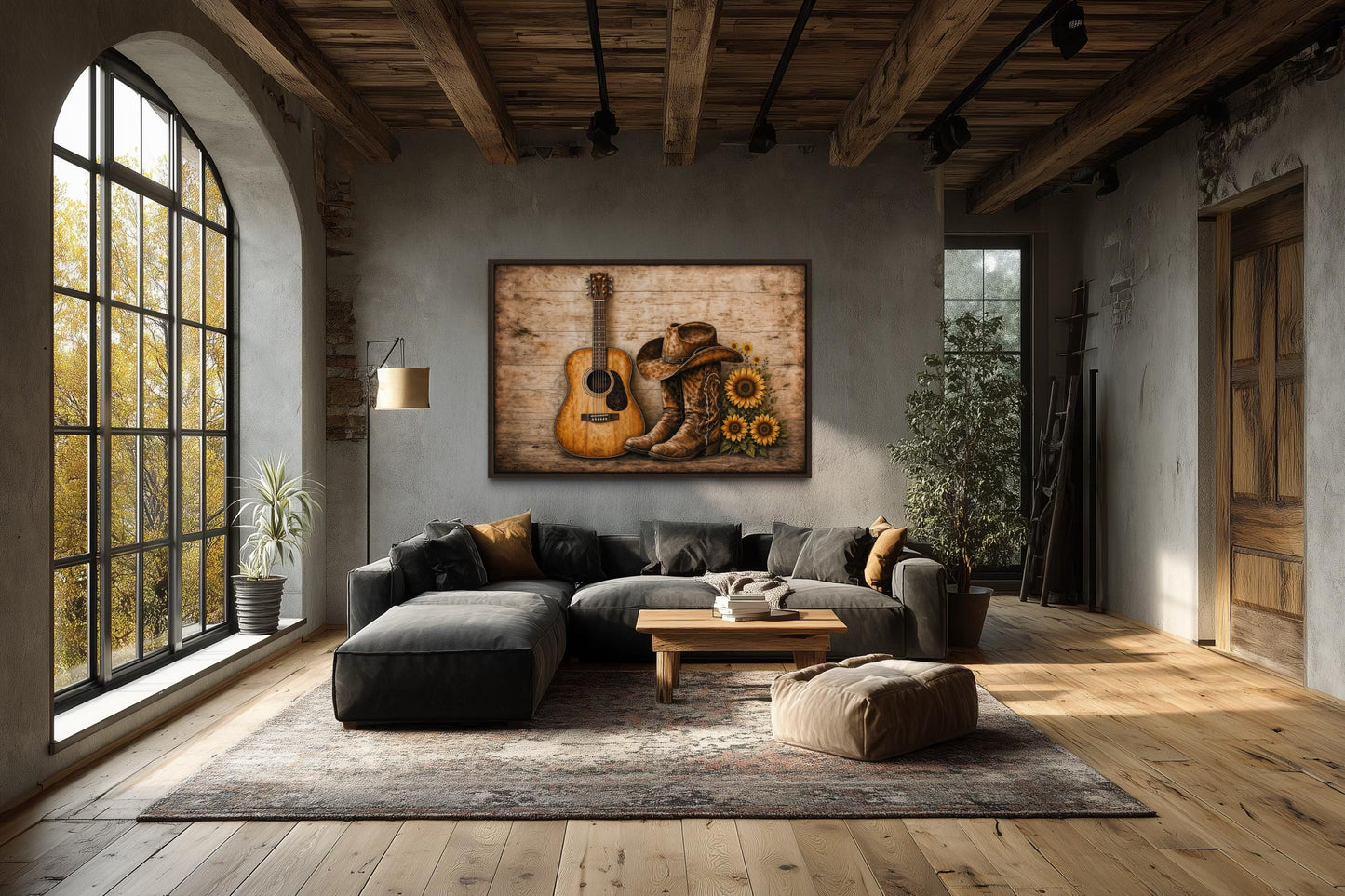 Cowboy Boots, Hat, Guitar and Sunflowers Canvas Wall Art