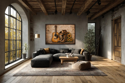 Cowboy Boots, Hat, Guitar and Sunflowers Canvas Wall Art